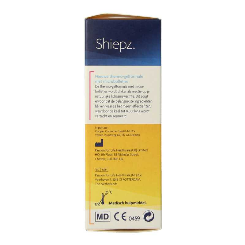Shiepz Keelspray tegen snurken in 23.5 ml kruidenpreparaten bottle, featuring herbal ingredients for snoring relief.