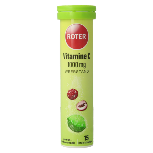 Roter vitamine C lime lychee effervescent tablet in a blister pack, showcasing bright packaging and the tablet's texture.