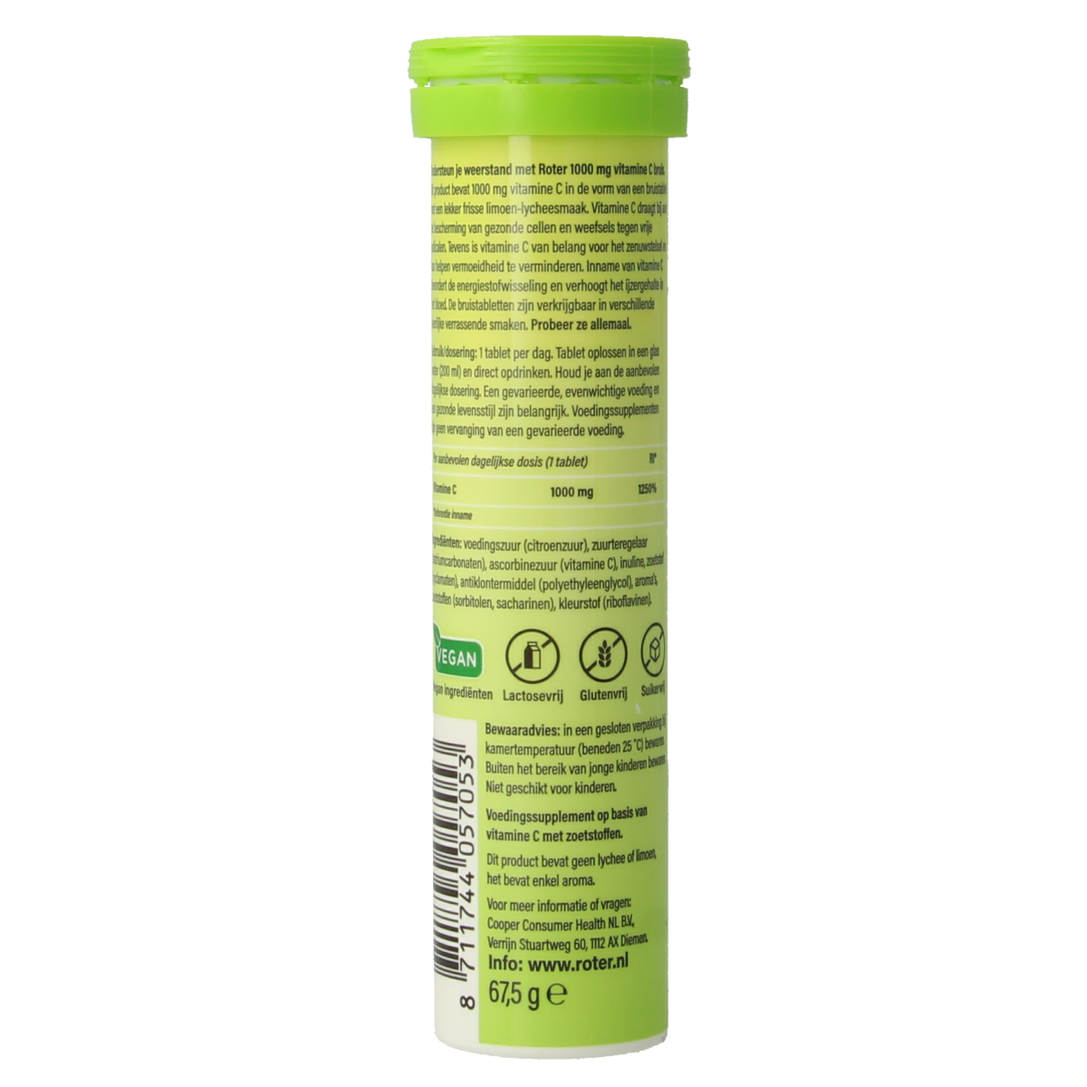 Roter Bruistablet vitamine C lime lychee flavor, effervescent vitamin C tablet in a blister pack.