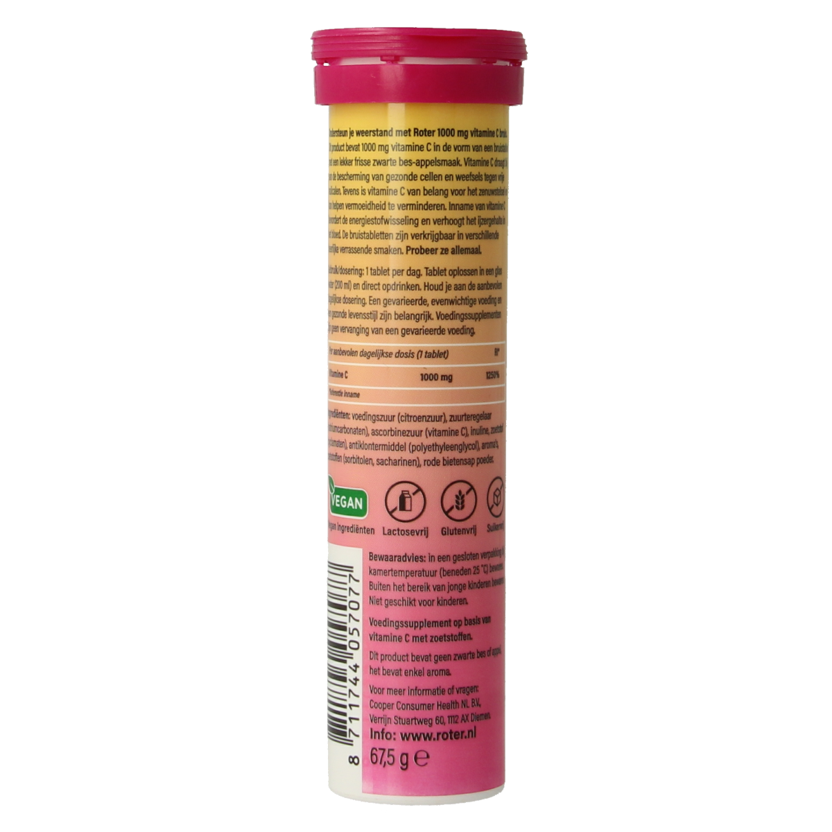 Roter vitamine C appel zwarte bes bruisablett, effervescent supplement in a container, 15 tablets.