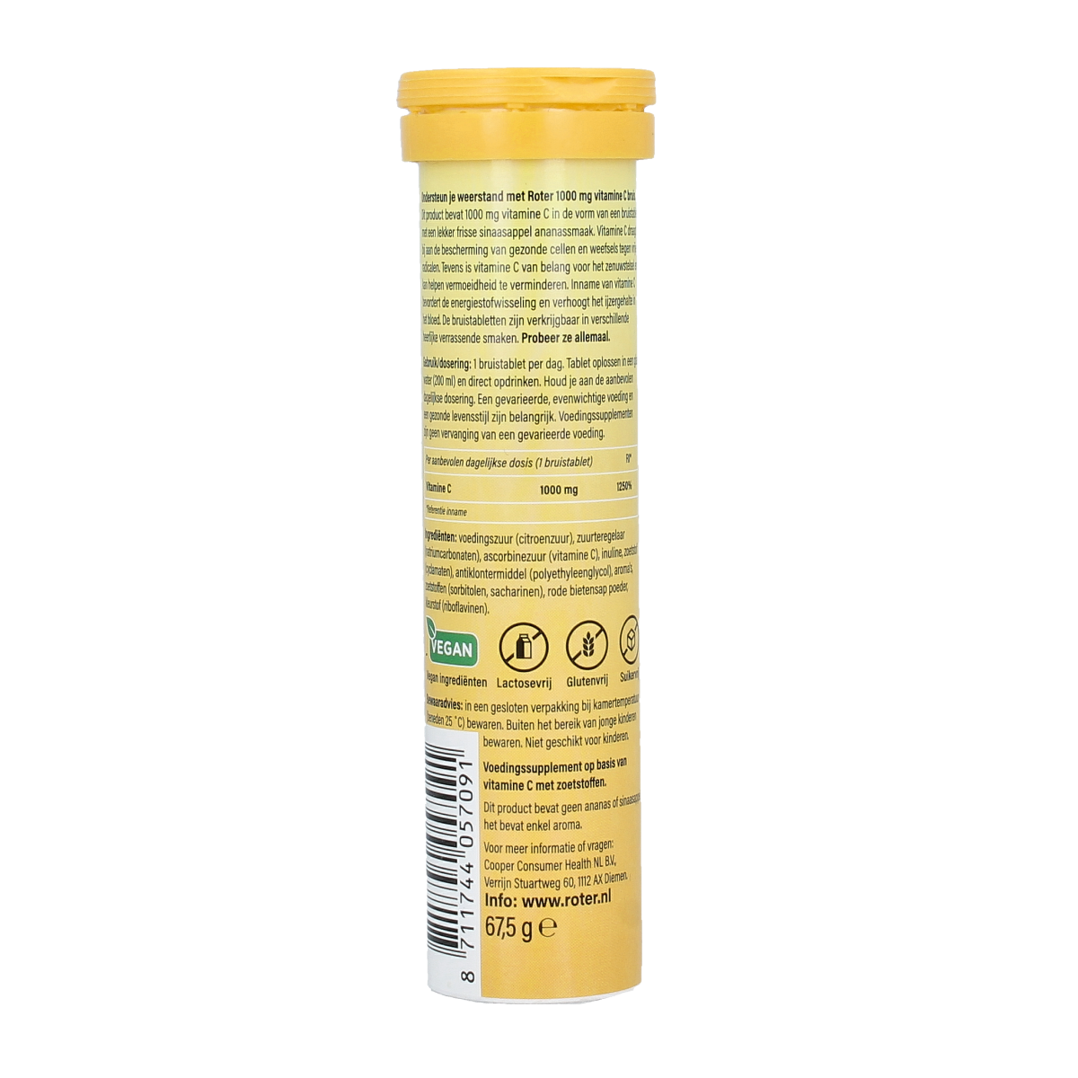 Roter Vitamine C1000 sinaasappel ananas bruistabletten, natural orange and pineapple flavored vitamin supplement, close-up of tablets
