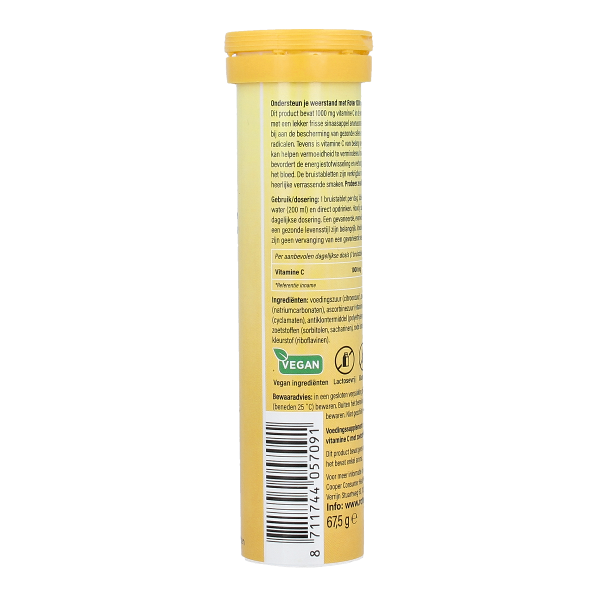 Roter Vitamine C1000 sinaasappel en ananas bruisable tabletten, citrus-flavored vitamin supplement, close-up of tablets in blister pack
