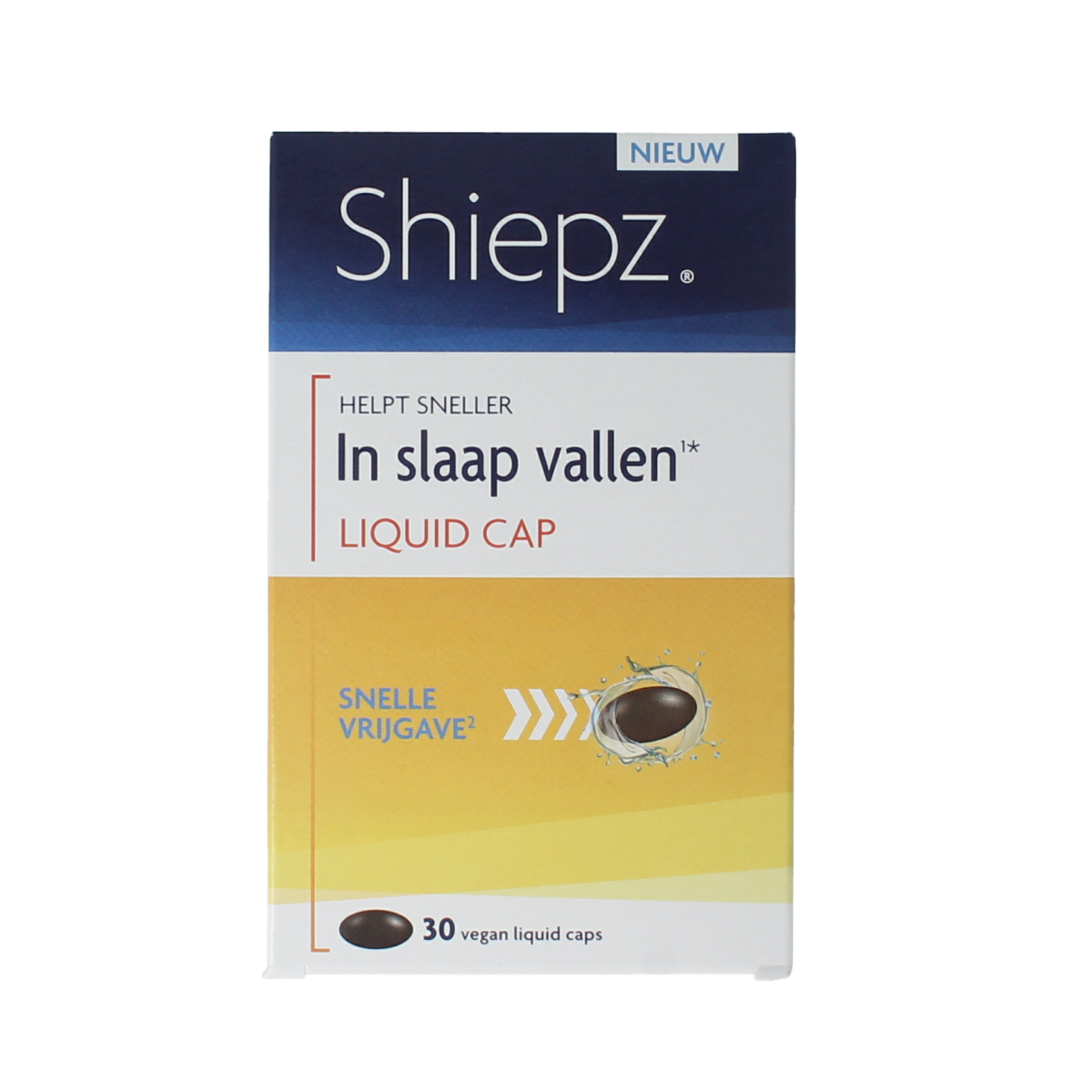 Shiepz In slaap vallen herbal liquid capsules, 30-count, natural supplement for better sleep, in a amber glass bottle with capsules inside.