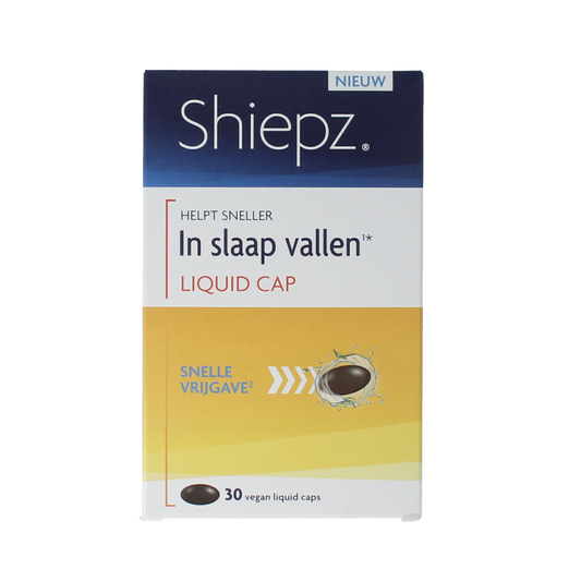 Shiepz In slaap vallen herbal liquid capsules, 30-count, natural supplement for better sleep, in a amber glass bottle with capsules inside.