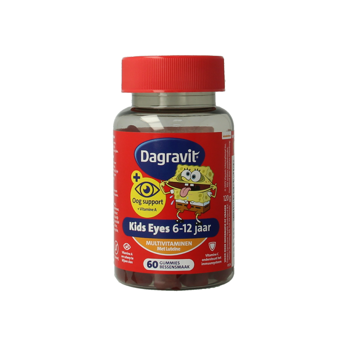 Dagravit Kids Eyes multivitamin gummies for children aged 6-12, showing colorful fruit-flavored gummies in a clear container.
