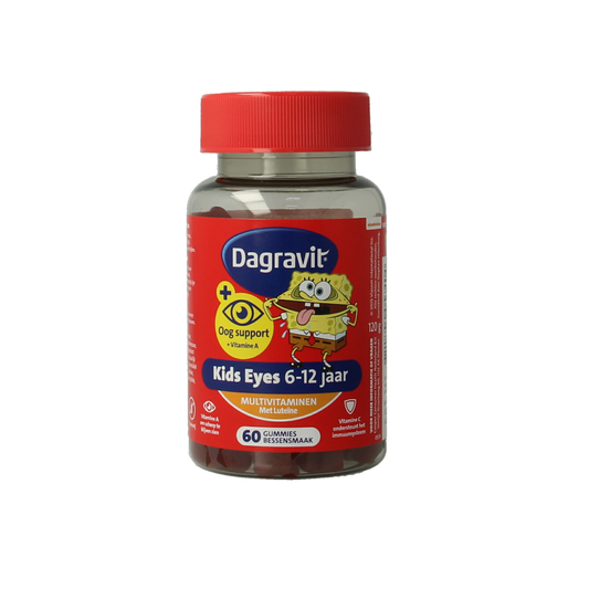 Dagravit Kids Eyes multivitamin gummies for children aged 6-12, showing colorful fruit-flavored gummies in a clear container.