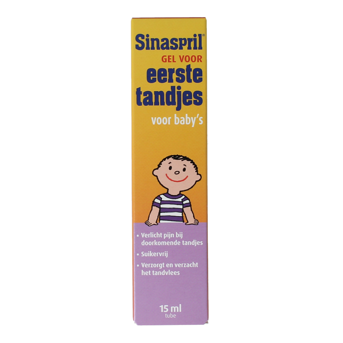 Sinaspril Gel for teething pain relief in a 15ml tube, soothing gel for baby's first teeth discomfort.