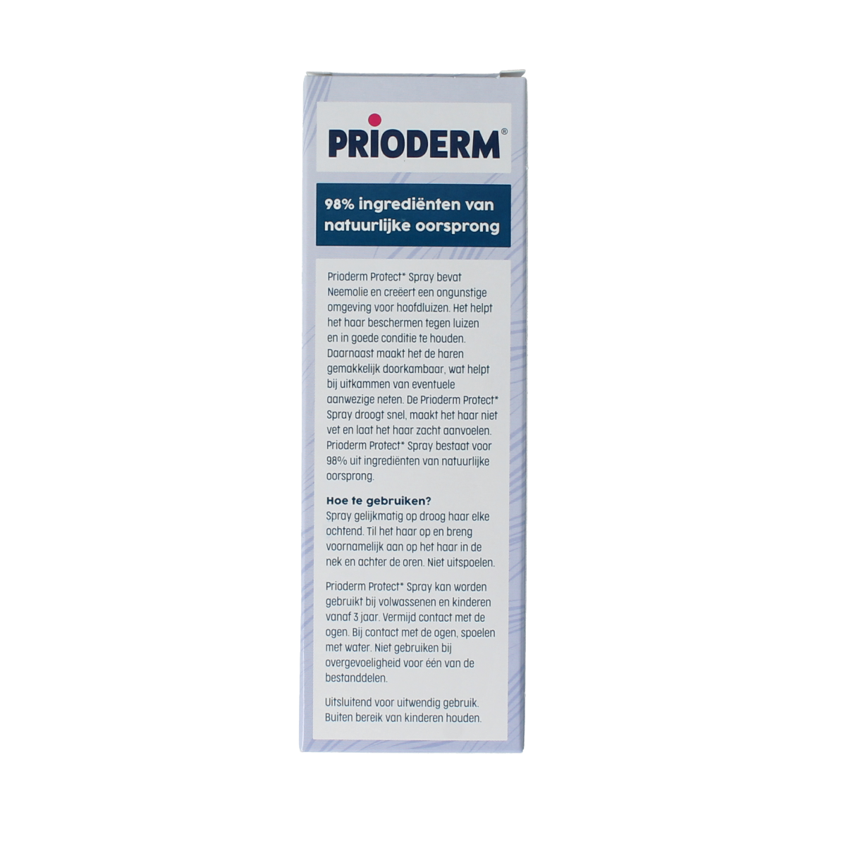 Prioderm Hoofdluis spray and protect bottle, 100ml, hair care product for lice treatment with nozzle and label.