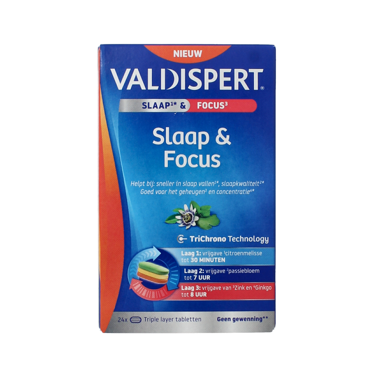 Valdispert Slaap & Focus herbal supplement tablets in a blister pack, natural remedies for better sleep and focus.