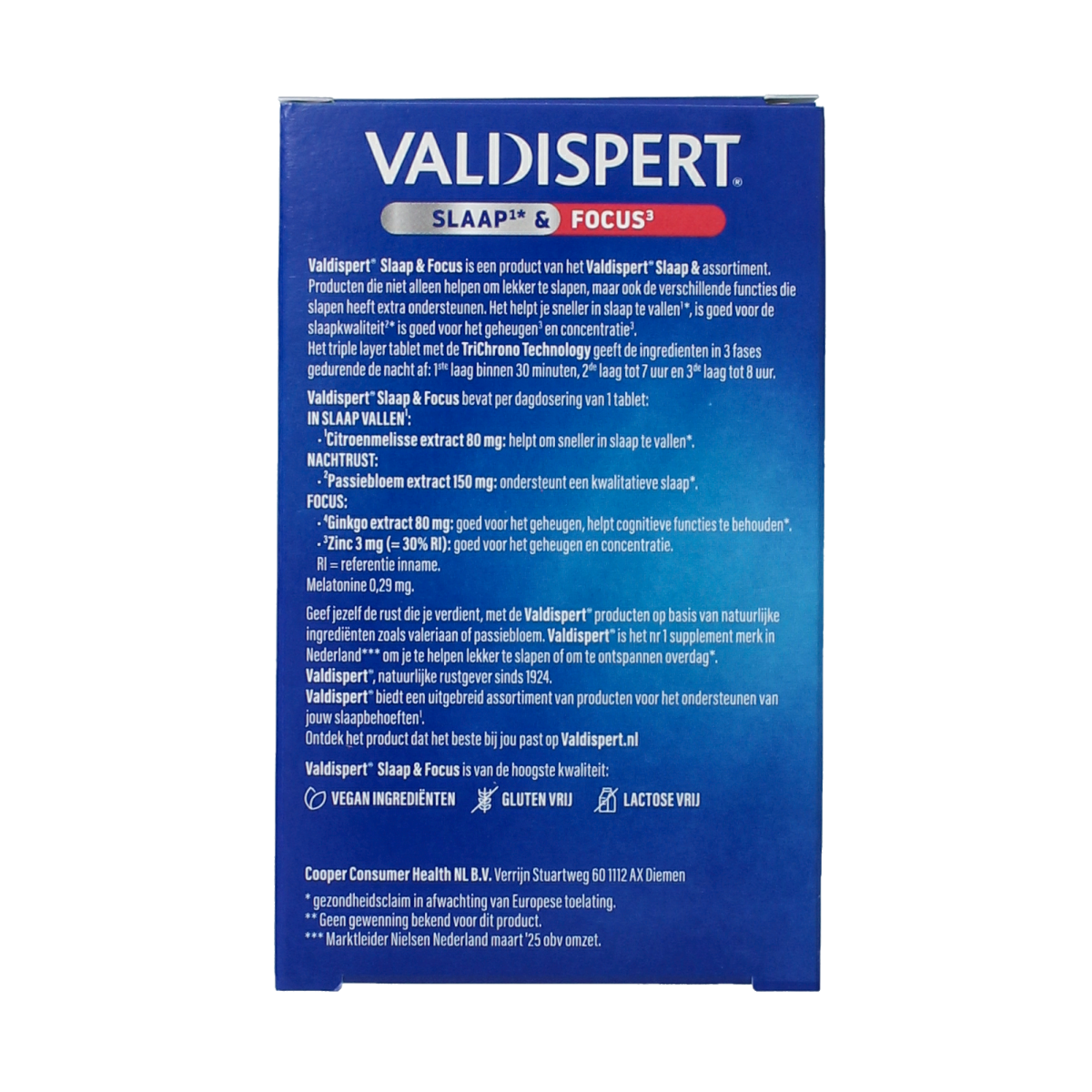 Valdispert Slaap & Focus herbal tablets in a blister pack, natural product for sleep and concentration support.