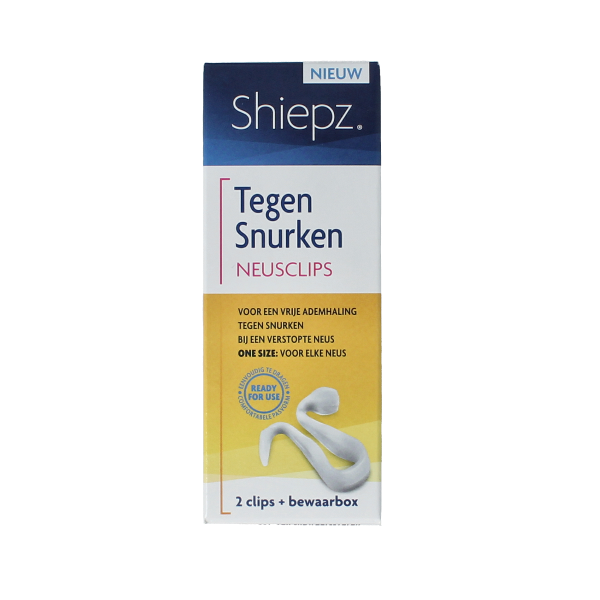 Shiepz neusclip for snoring relief, shown on a nose, part of nasal care and inhalation products, in a box of two.