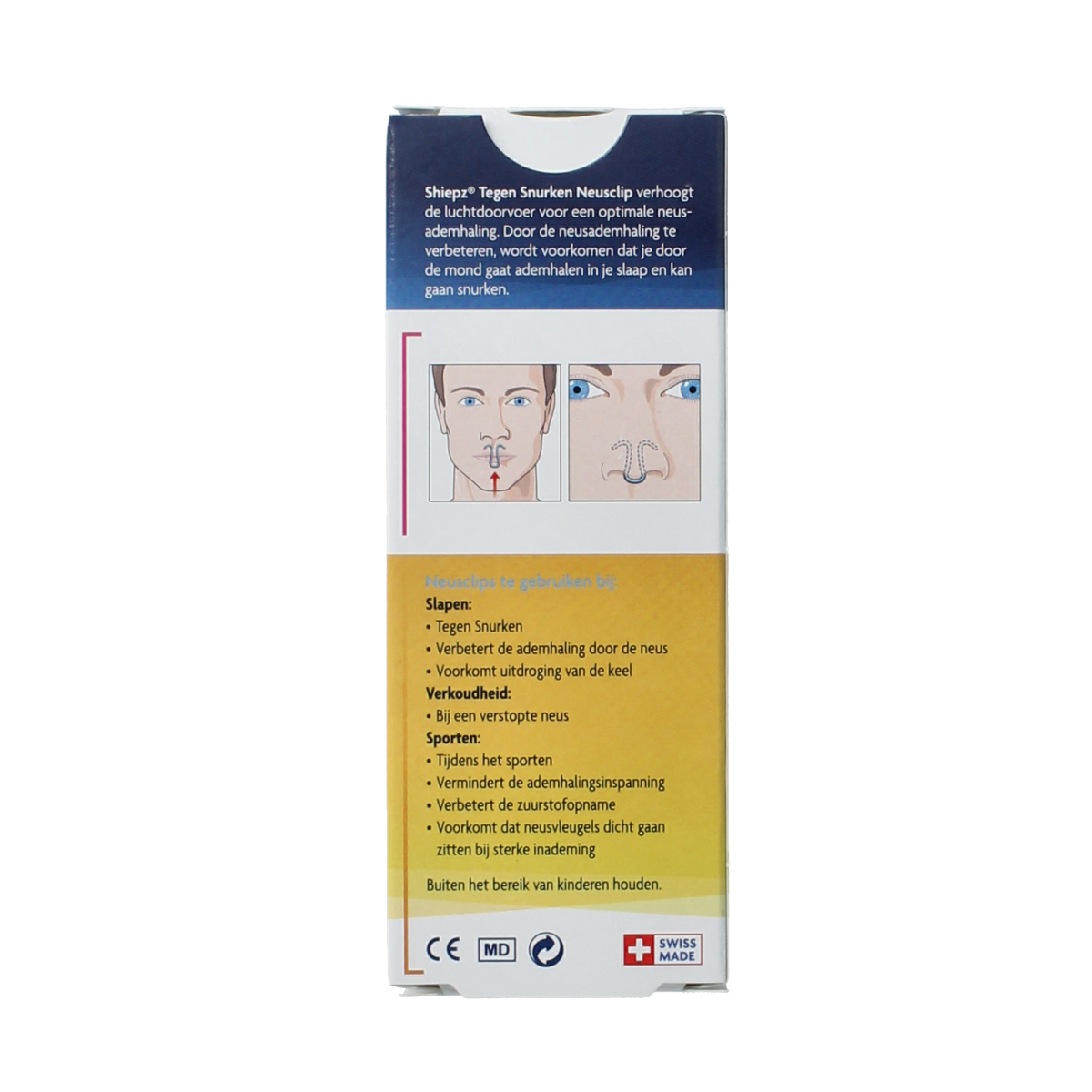 Shiepz neusclip for snoring relief, shown in use, part of nasal care and inhalation products, with a sleek design.