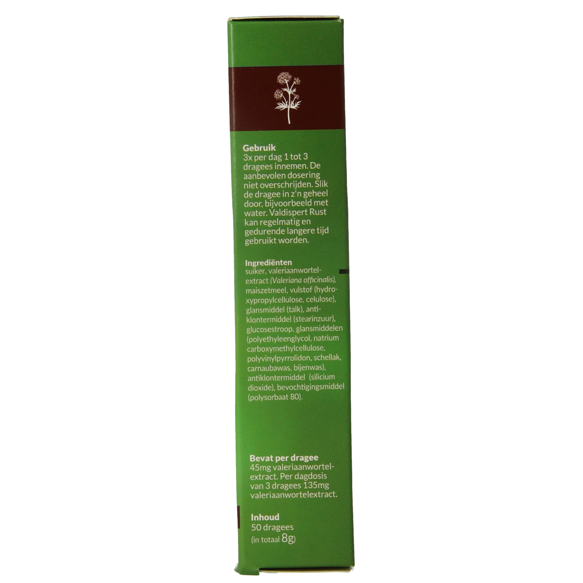 Valdispert Rust herbal supplement dragees in a clear container, featuring the Valdispert branding and herbal ingredients.