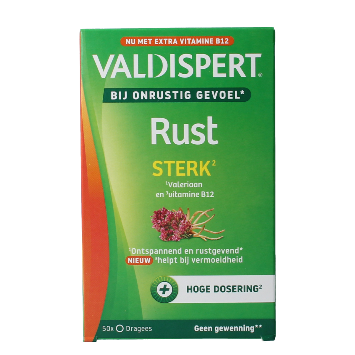 Valdispert Rust Sterk herbal preparation dragees in a clear bottle, showing the small round tablets for natural health support.