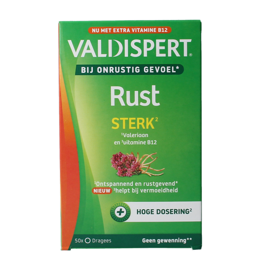 Valdispert Rust Sterk herbal preparation dragees in a clear bottle, showing the small round tablets for natural health support.