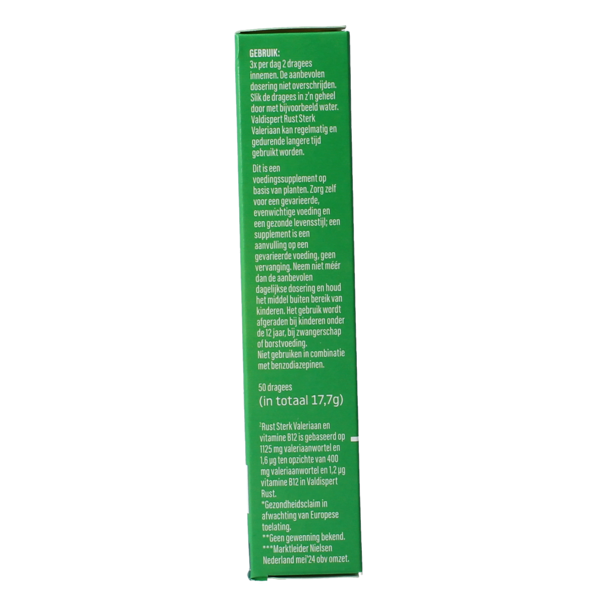 Valdispert Rust Sterk herbal supplement dragees in a clear container, showing the herbal product packaging.