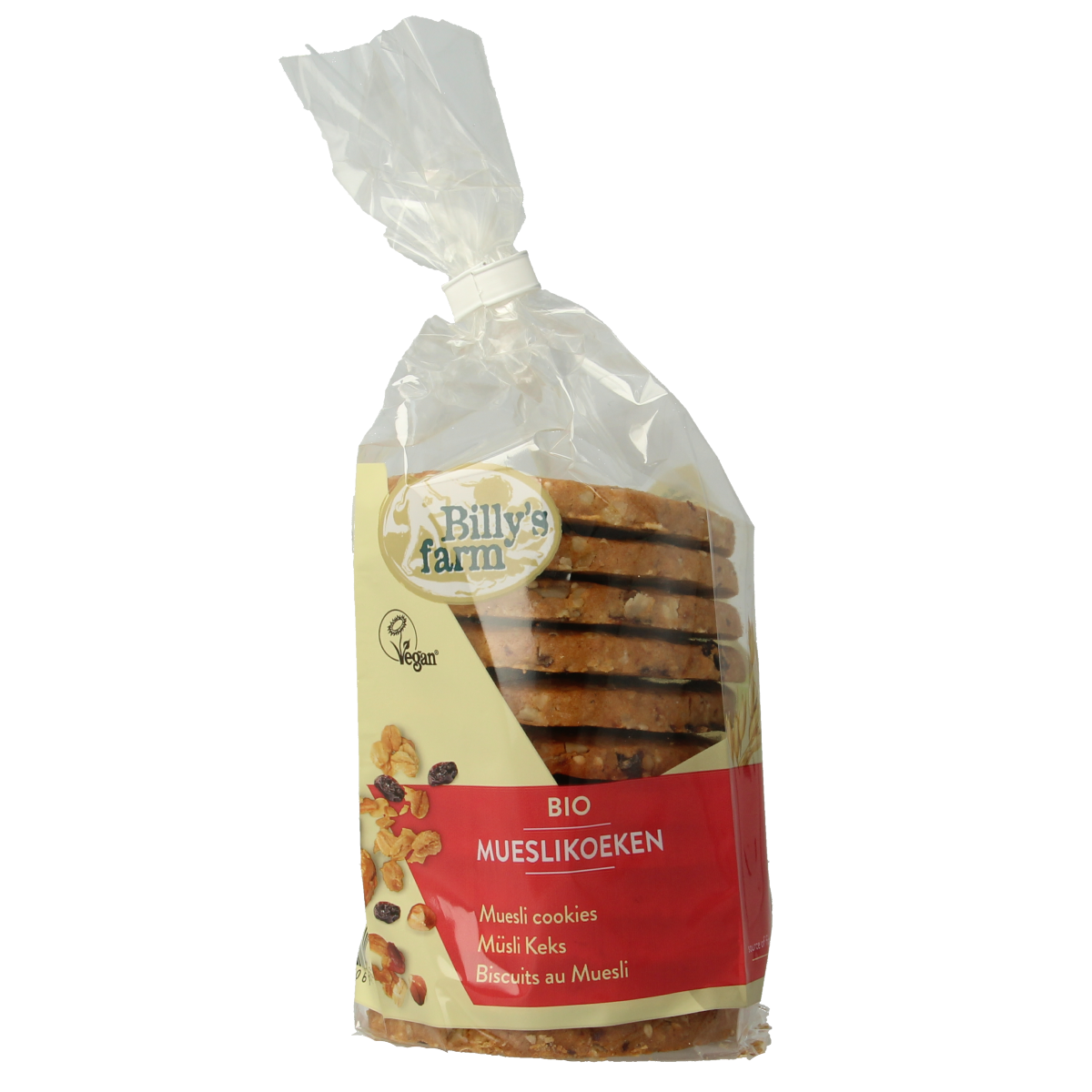 Billy's Farm bio Mueslikoeken cookies, 250g, showing fresh, golden-brown oat cookies on a white background.