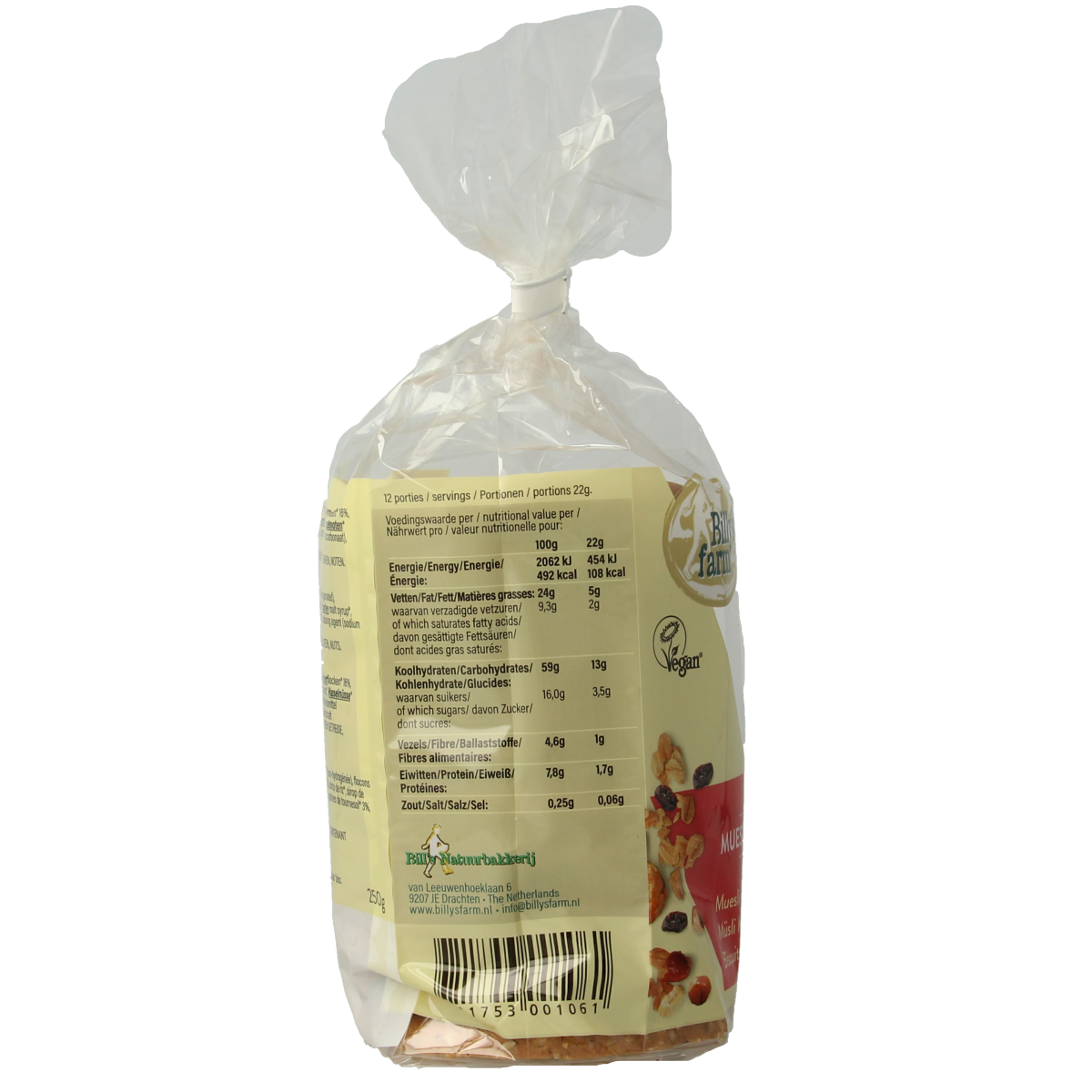 Billy's Farm bio Mueslikoeken, 250g, featuring crispy, golden cereal cookies in a clear package.