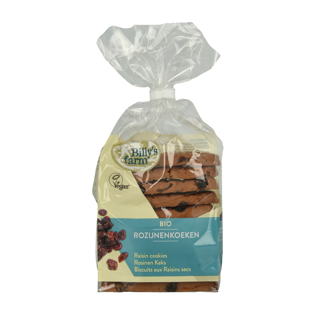 Billy's Farm Rozijnenkoeken bio, 230g, showing fresh, golden raisin cookies with a rustic appearance on a white background.