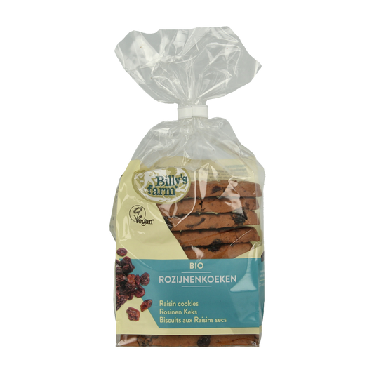 Billy's Farm Rozijnenkoeken bio, 230g, showing fresh, golden raisin cookies with a rustic appearance on a white background.