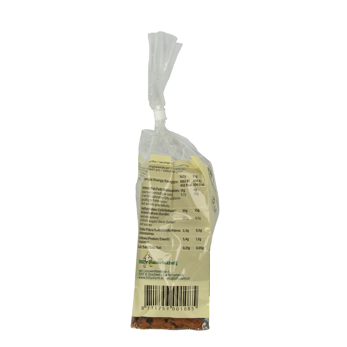 Billy's Farm Rozijnenkoeken bio, 230g, fresh and golden brown Dutch oat cookies with raisins, shown on a white background.