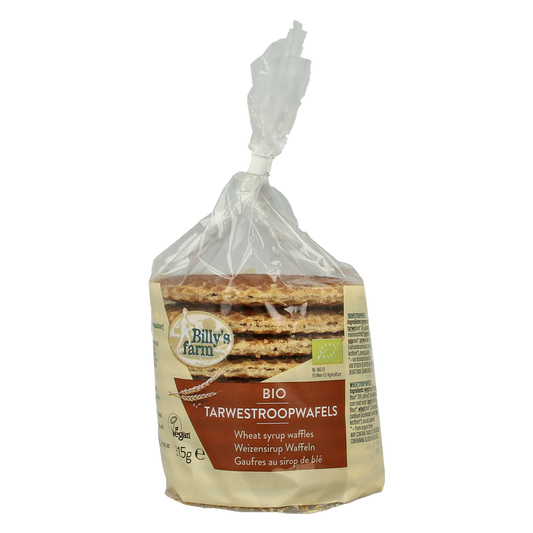 Billy's Farm bio tarwestroopwafels koeken, 315g, with golden caramel filling and crispy, traditional Dutch wafer cookies.