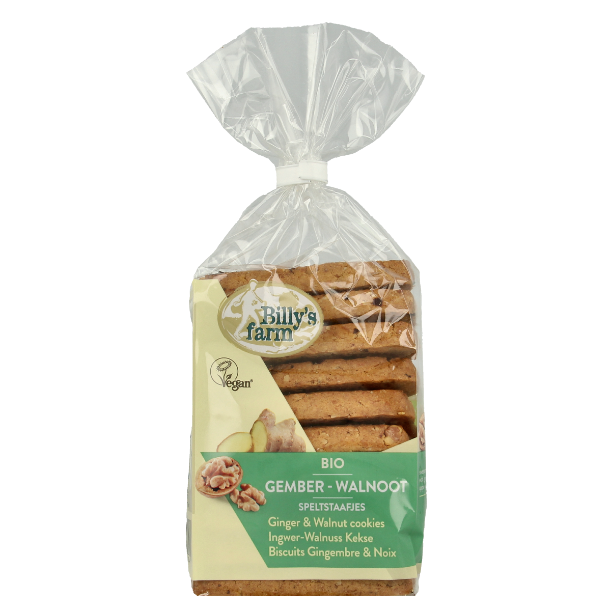 Billy's Farm Gember walnootstaafjes bio koeken, 175g, featuring ginger and walnut flavors, displayed in a close-up image.