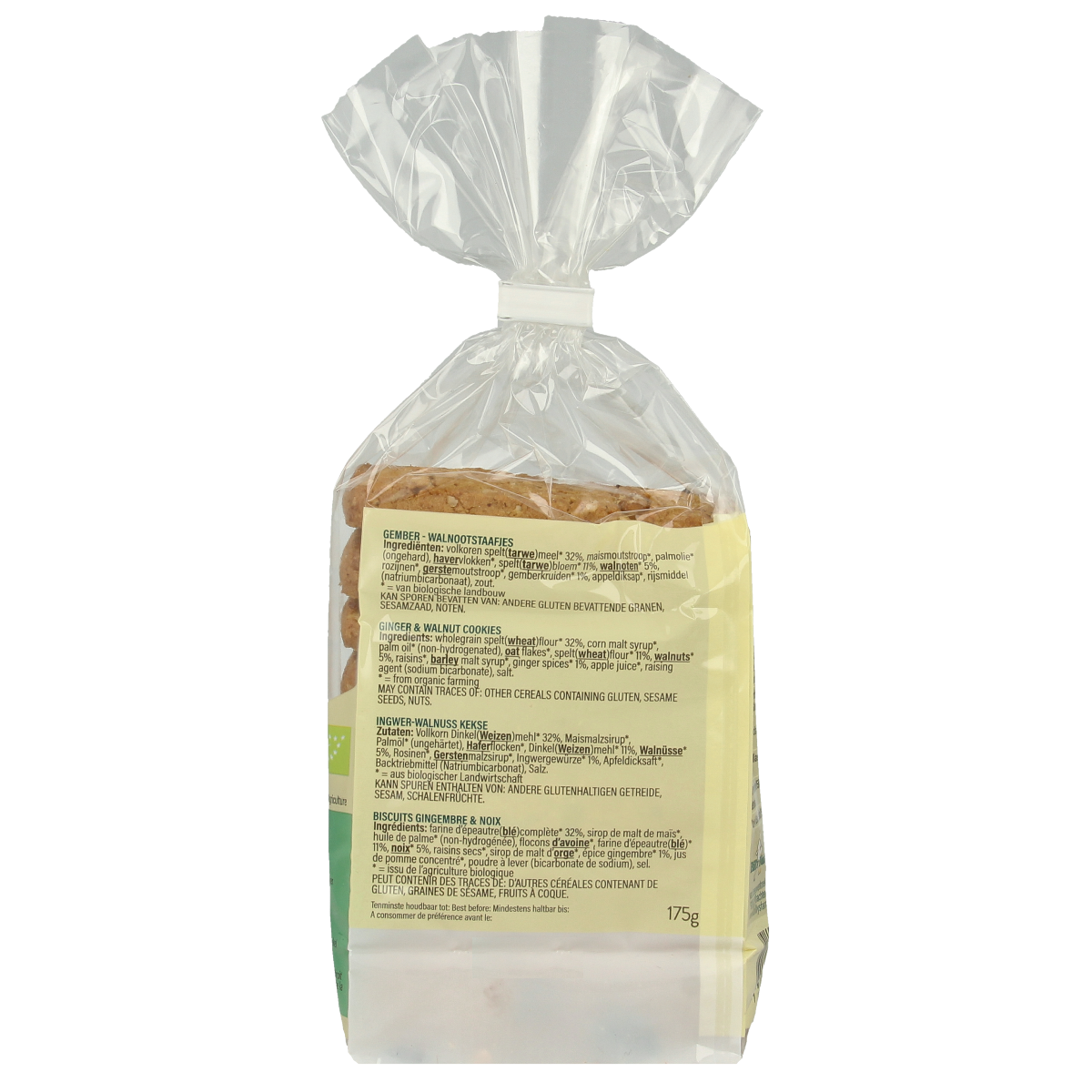Billy's Farm Gember walnootstaafjes bio, 175g, showing golden koeken with ginger and walnut pieces on a plate.