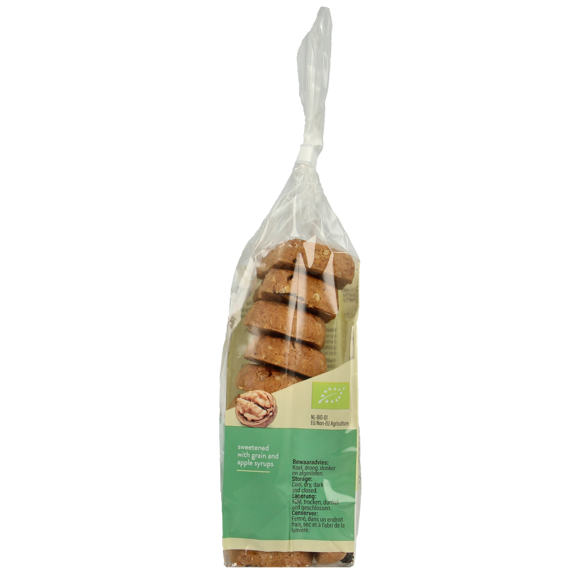 Billy's Farm organic ginger walnut cookies, 175g, showing golden-brown koeken with ginger pieces and walnut chunks.