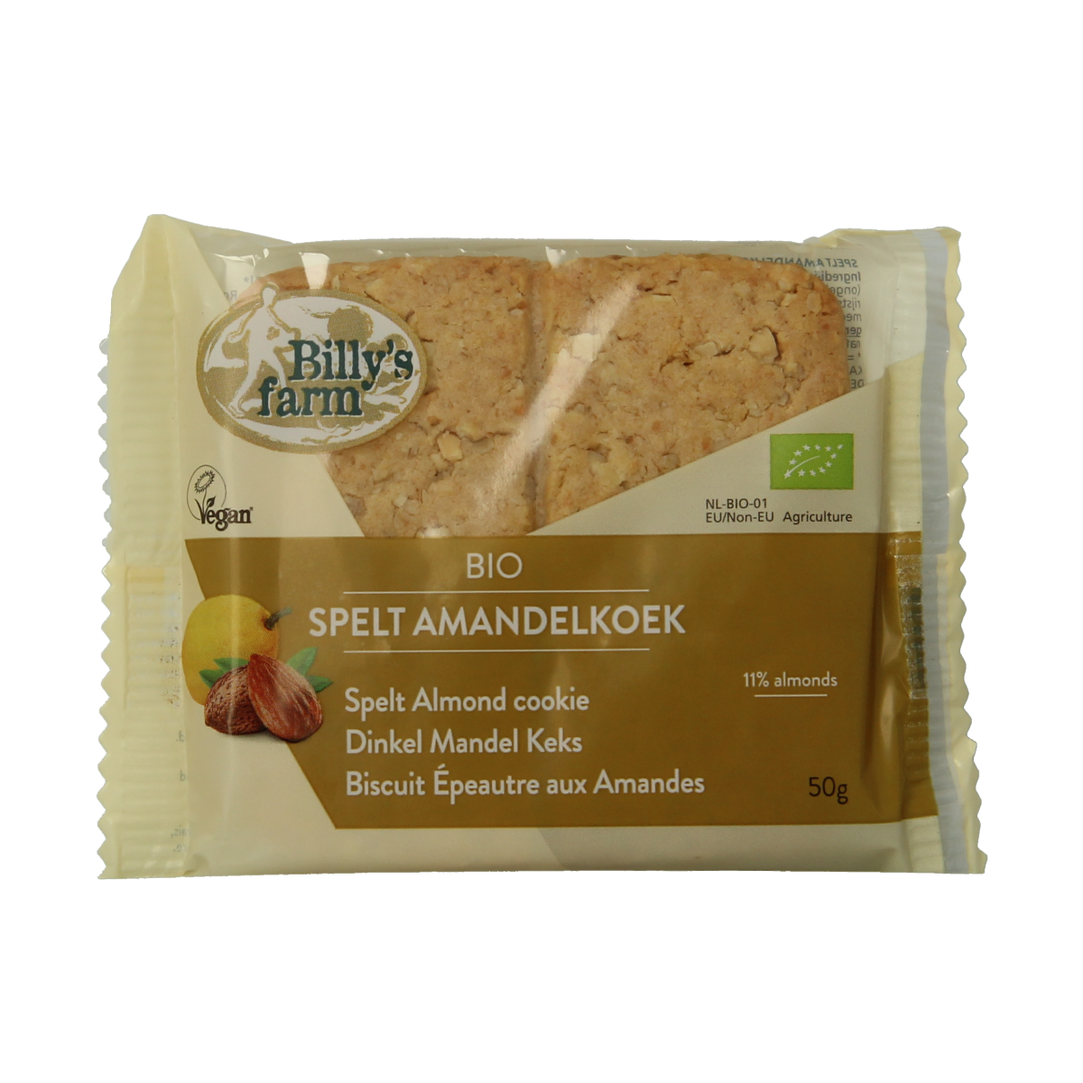 Billy's Farm organic spelt almond cookies, 50g, showcasing golden-brown koeken with almond slices on top.