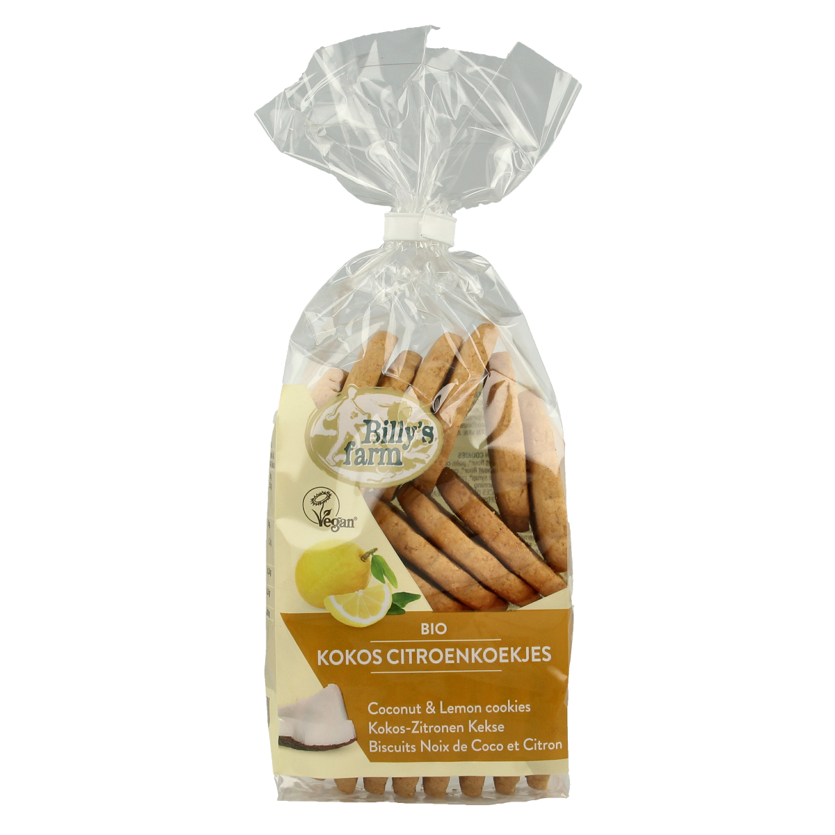 Billy's Farm organic coconut lemon cookies in a 175g package, showing golden koeken with coconut and lemon zest.