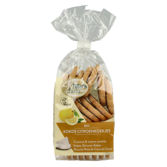 Billy's Farm organic coconut lemon cookies in a 175g package, showing golden koeken with coconut and lemon zest.