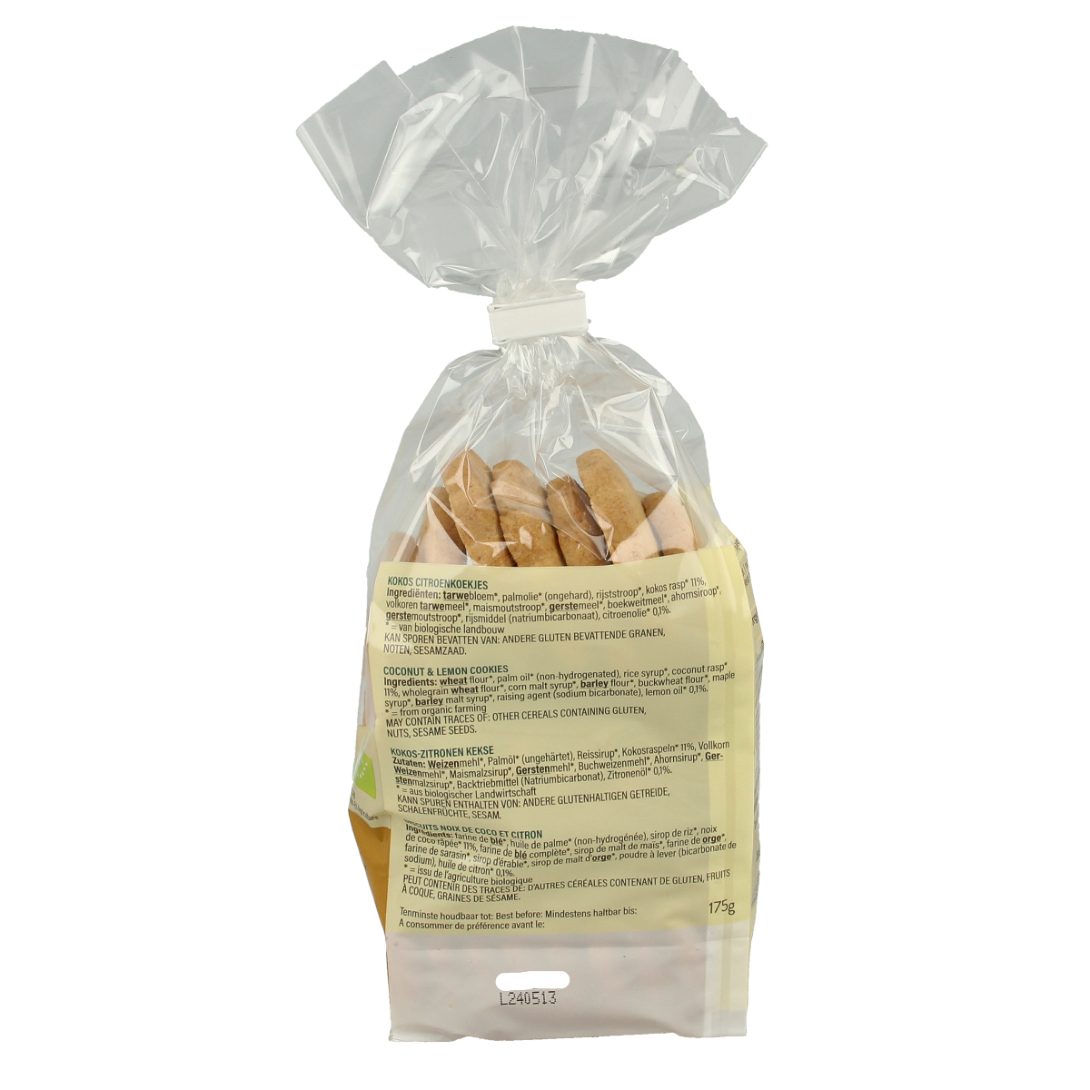 Billy's Farm organic coconut lemon cookies in a 175g package, showing golden, crispy koeken with lemon zest and coconut flakes.