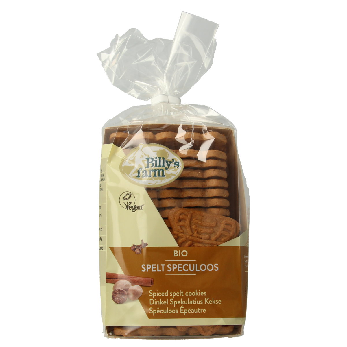 Billy's Farm Speculoos spelt bio koeken, 175g, featuring crispy spiced spelt biscuits on a white plate.