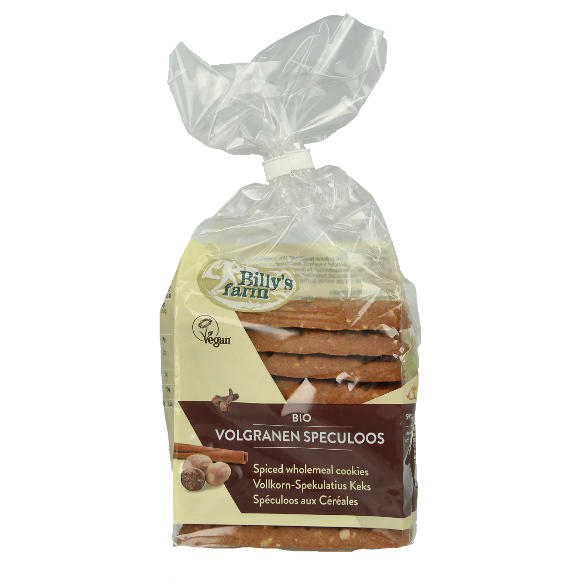 Billy's Farm Speculoos volgranen bio cookies, 230g, featuring crispy, spiced whole grain biscuits with sesame seeds on top.