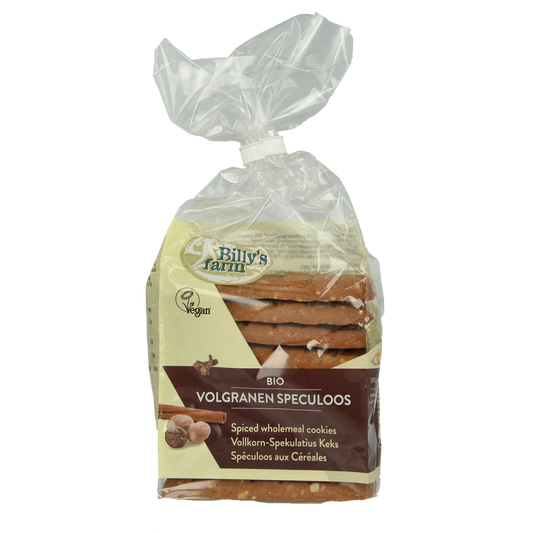 Billy's Farm Speculoos volgranen bio cookies, 230g, featuring crispy, spiced whole grain biscuits with sesame seeds on top.
