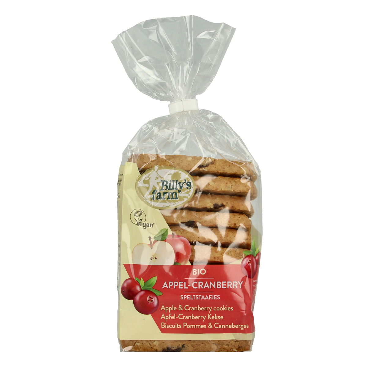Billy's Farm organic cranberry-flavored cookies, 175g, showing golden-brown koeken with cranberry bits in a close-up image.