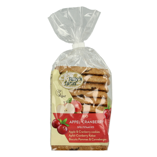 Billy's Farm organic cranberry-flavored cookies, 175g, showing golden-brown koeken with cranberry bits in a close-up image.