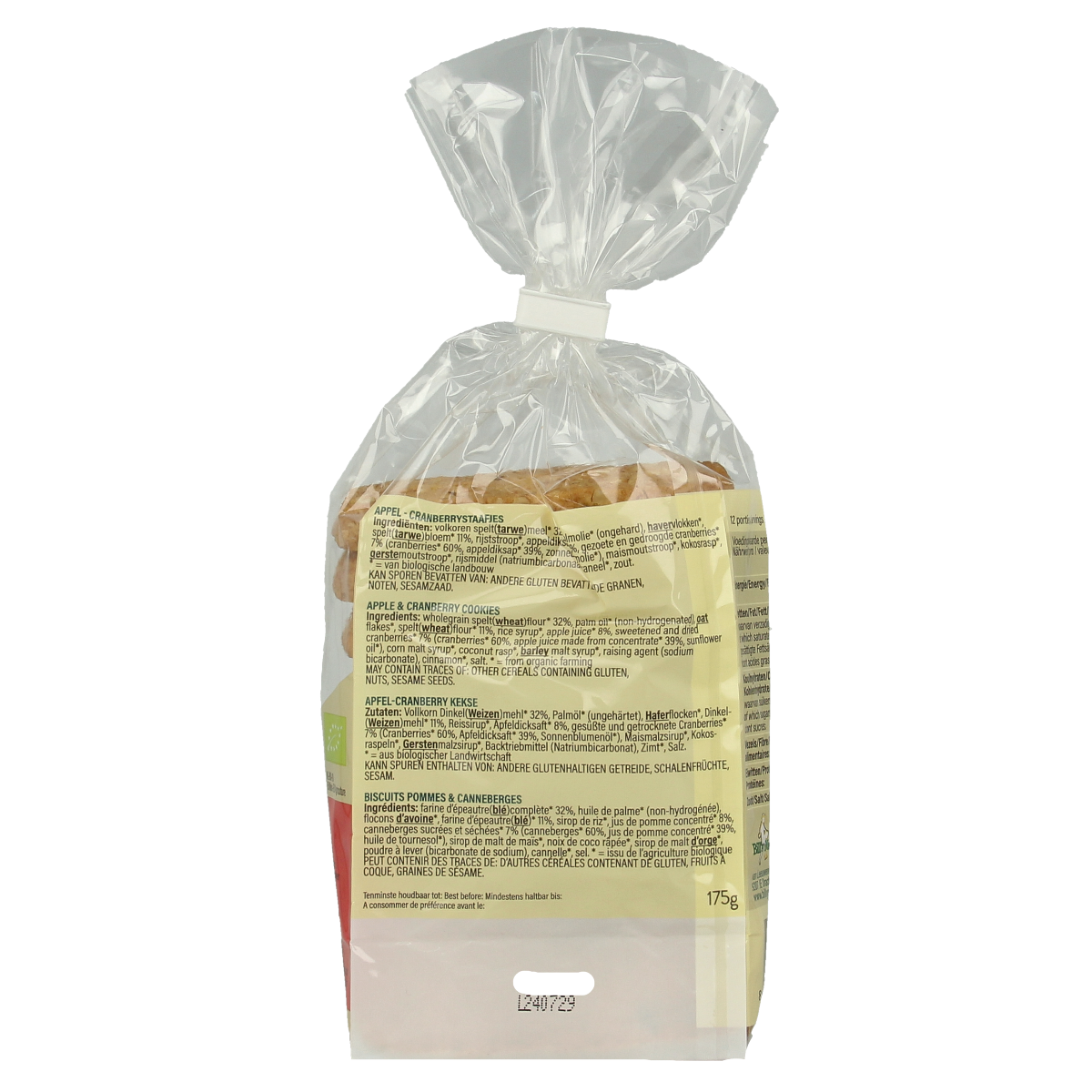 Billy's Farm organic cranberry-flavored krentenkoek, 175g, showing a close-up of the crunchy, golden-brown farm-made cookies