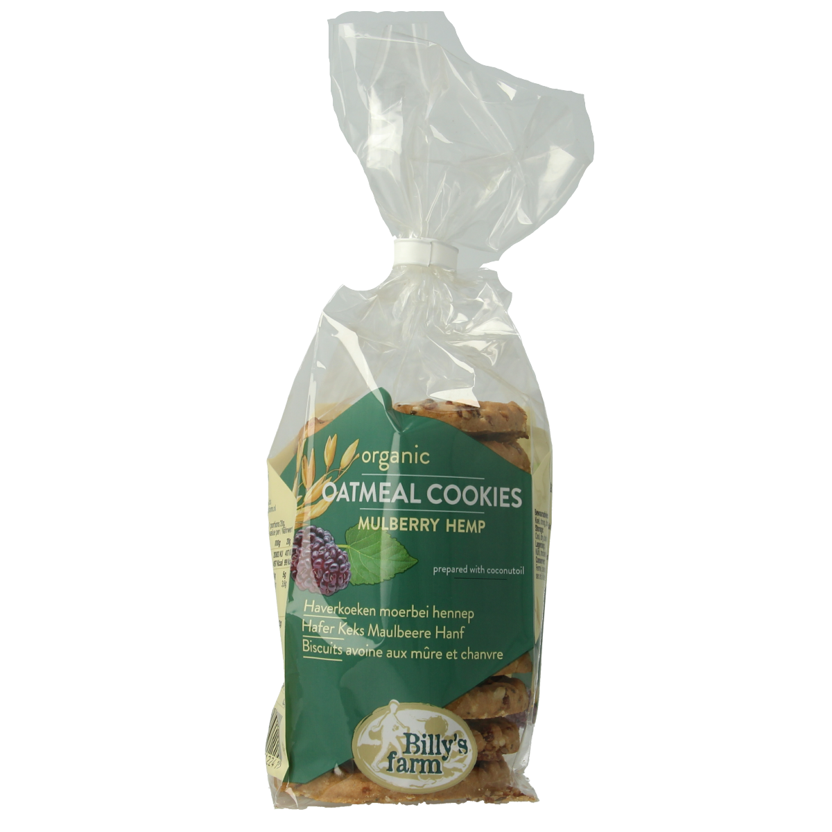 Billy's Farm organic haverkoekjes with mulberry and hemp, 200g, showing golden brown cookies with mulberry and hemp pieces.