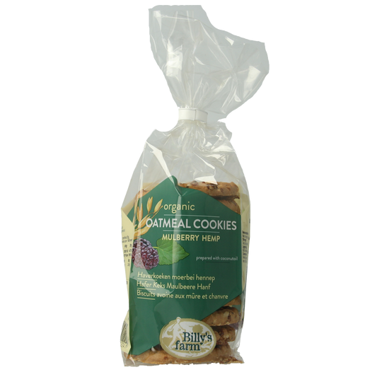 Billy's Farm organic haverkoekjes with mulberry and hemp, 200g, showing golden brown cookies with mulberry and hemp pieces.