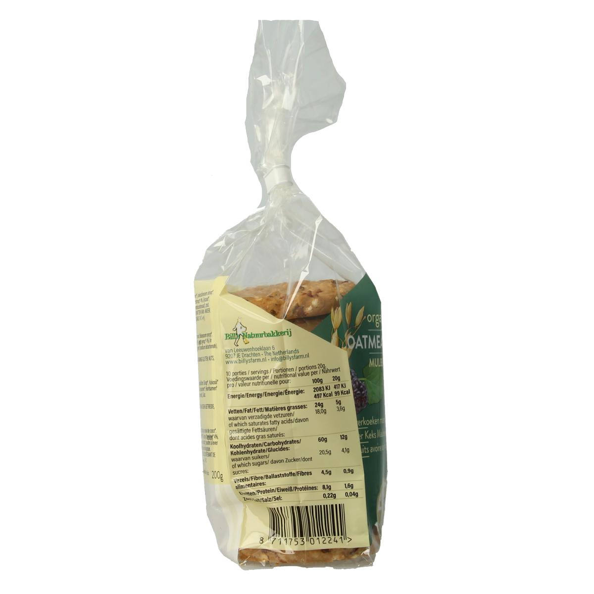 Billy's Farm organic haver cookies with mulberries and hemp, 200g, showing golden-brown koeken with visible fruit and hemp seeds.