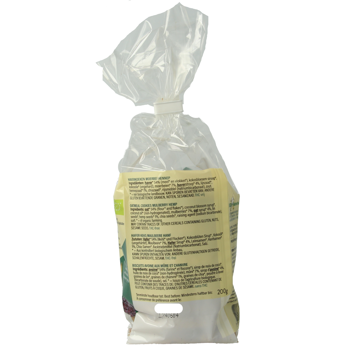 Billy's Farm organic haver koekjes with mulberry and hemp, 200g, showing golden-brown cookies with visible mulberry and hemp ingredients.
