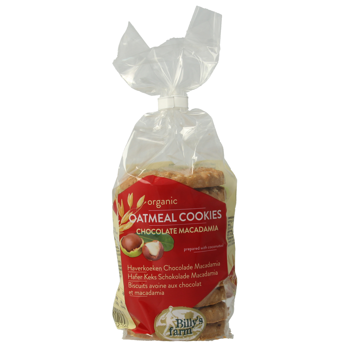 Billy's Farm Macadamia chocolate oat cookies in a 200g package, organic snack with nuts and chocolate pieces.