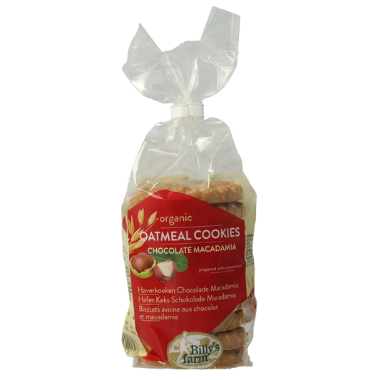 Billy's Farm Macadamia chocolate oat cookies in a 200g package, organic snack with nuts and chocolate pieces.