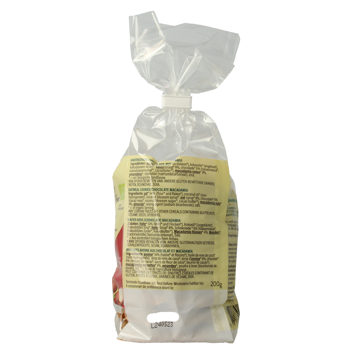 Billy's Farm Macadamia chocolate oat cookies, organic snack with crunchy oats and macadamia nuts in 200g package.