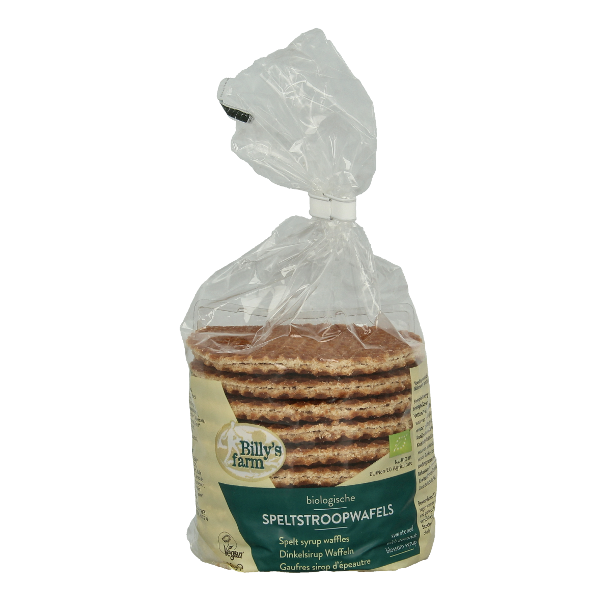 Billy's Farm organic spelt stroopwafels koeken in a 300g package, showing golden-brown waffles with caramel filling.