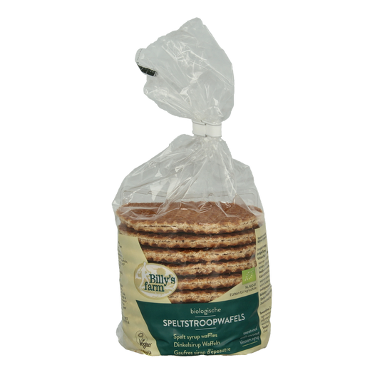Billy's Farm organic spelt stroopwafels koeken in a 300g package, showing golden-brown waffles with caramel filling.