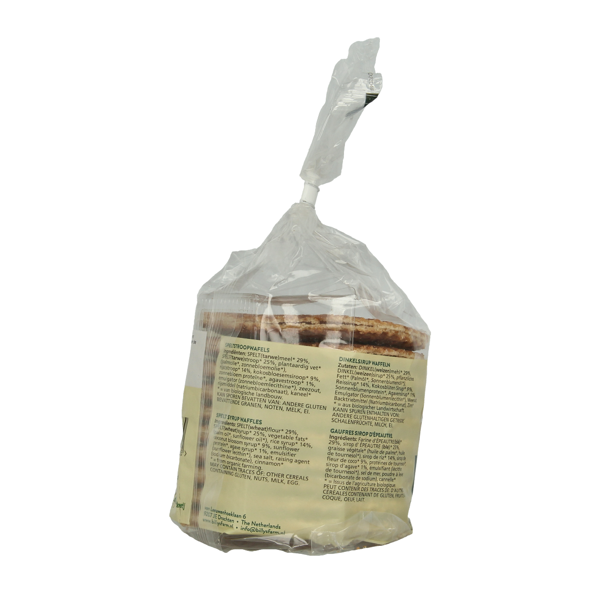 Billy's Farm organic spelt stroopwafels koeken in 300g package, showcasing the golden, crispy Dutch-style biscuit cookies.