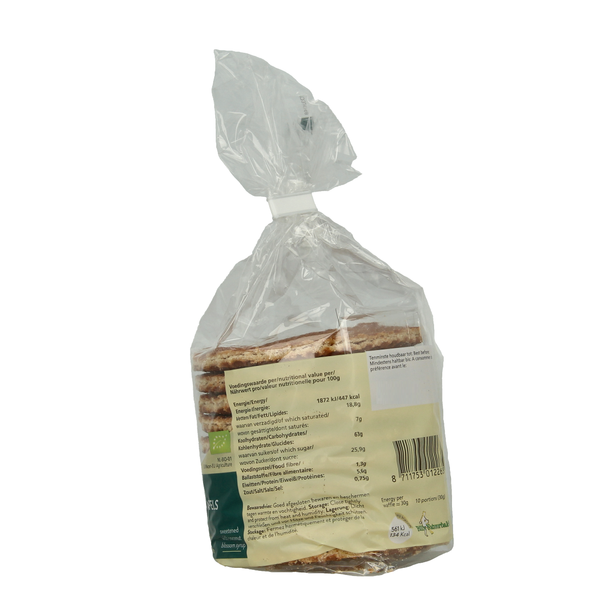 Billy's Farm organic spelt stroopwafels koeken in a 300g package, showing golden-brown, crispy Dutch-style cookies.